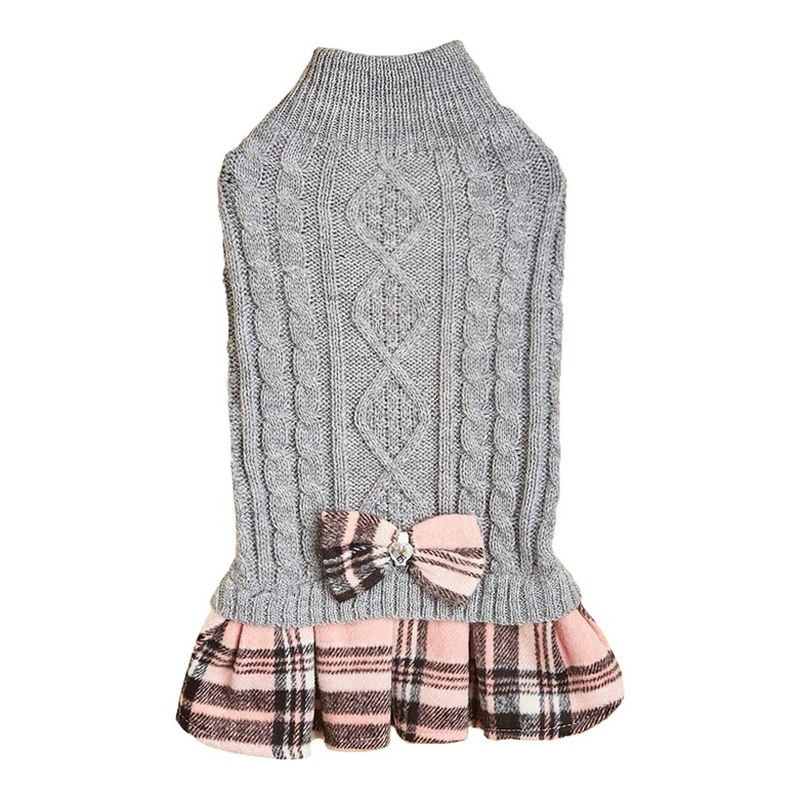 Knitted Pet Sweater Bow & Plaid Wool Skirt Dog Cat Outfit White Gray